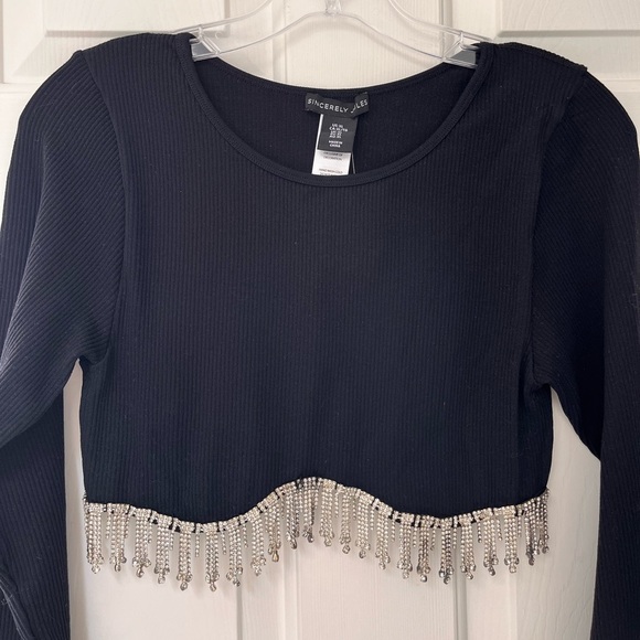 NWT Sincerely Jules Black Beaded Fringe Crop Top S/M - Picture 8 of 10